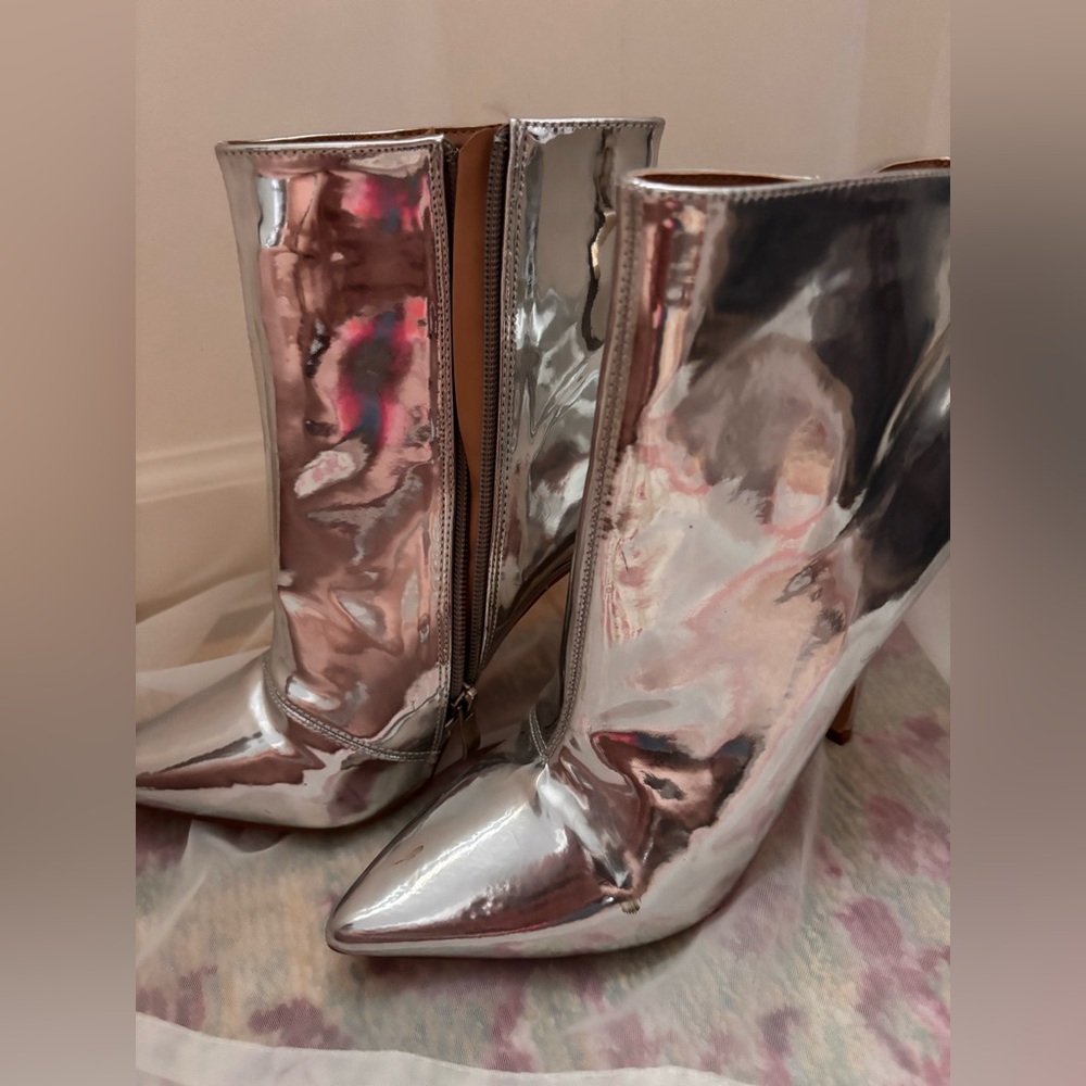 Metallic Silver Women's Ankle Boots - High Heel Zip Booties - Picture 3 of 15